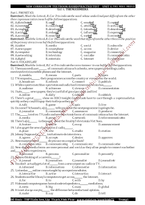 Bài tập bổ trợ môn Tiếng Anh Lớp 12 thí điểm - Unit 4 The mass media - Đỗ Bình